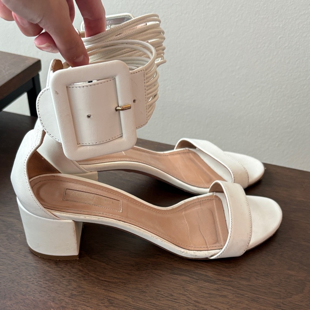 AQUAZZURA Casablanca White Leather Ankle Wrap Block Heel Sandals EU 37.5